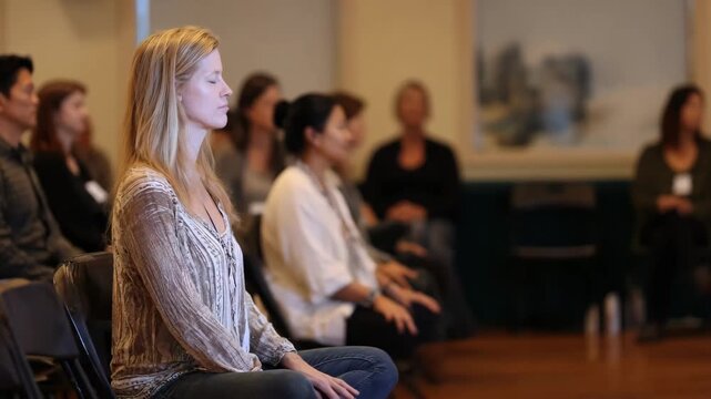 Relaxing mindful meditation workshop capturing attendees seated comfortably practicing intentional body scans to promote holistic wellness.