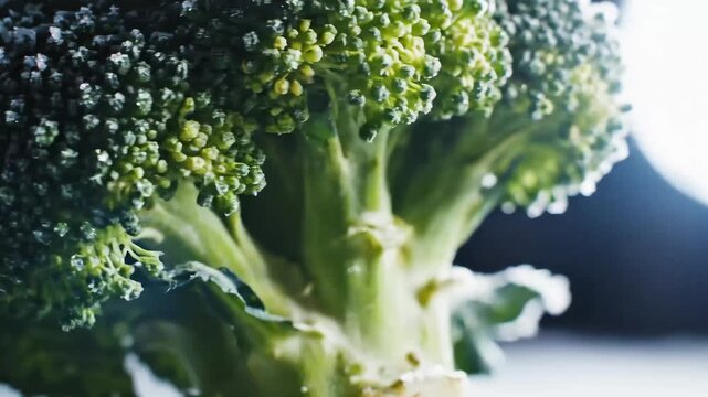 Close-up of fresh broccoli with intricate details of florets and stem