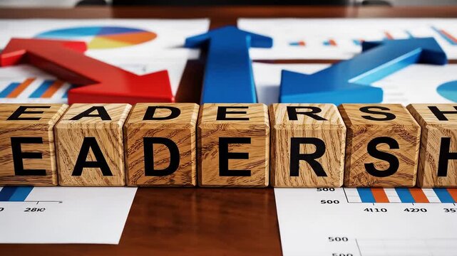 Leadership in Business Growth and Strategy, Wooden blocks spelling leadership on a desk with graphs and charts in the background