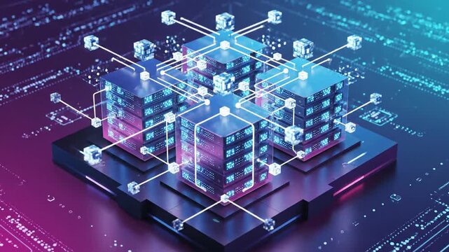 A futuristic data center with interconnected servers and databases visualized on a digital interface, showcasing advanced technology and network infrastructure