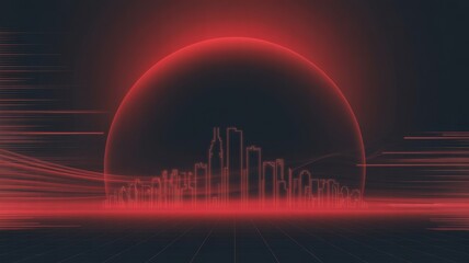 Futuristic Lunar New Year city concept with red neon skyline under glowing dome and digital grid.