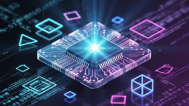 Microchip glowing brightly on a circuit board surrounded by neon geometric shapes and binary code