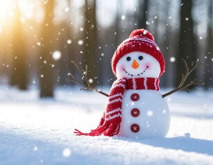 Obraz premium snowman standing on a sunny winter day. Winter Christmas New Year card
