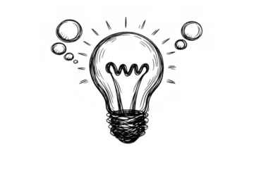 Light bulb sketch drawing with glowing rays and thought bubbles, representing new ideas, creativity, and inspiration