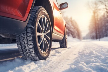 Red car driving on snowy road at sunset, focus on winter tires
