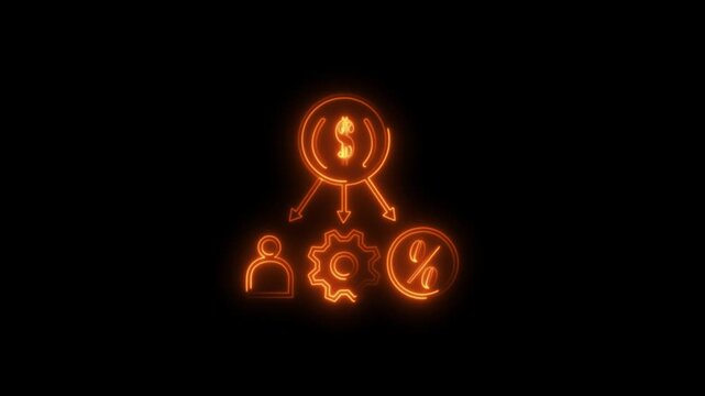 Glowing orange neon finance icons animation on black background featuring dollar coin, gear, percentage and user symbol, fintech business growth, profit optimization, revenue management, startup strat