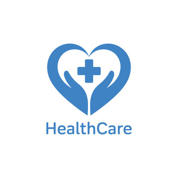 A blue heart symbol with hands and a medical cross representing healthcare