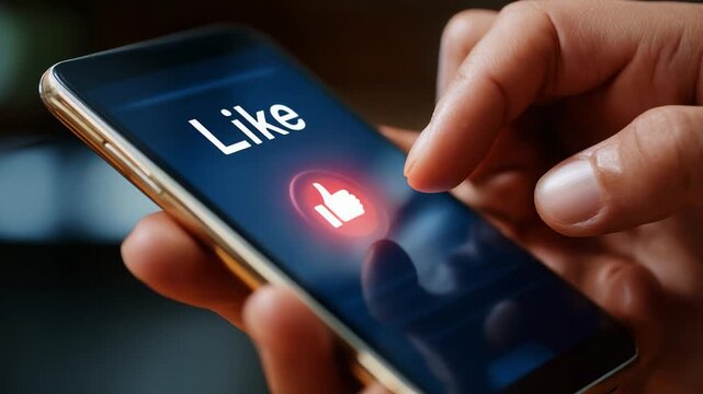 Engaging with Digital Content: A Close-Up of a Hand Tapping the 'Like' Button on a Smartphone Screen, Highlighting Social Interaction and User Engagement in Online Environments