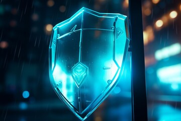 Glowing blue futuristic shield displaying digital security and internet defense