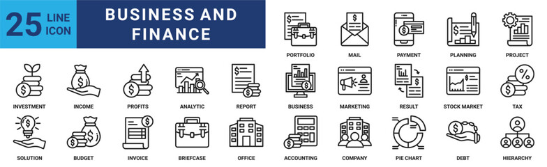 Business and Finance icon set. Containing report, income, stock market, analytic, investment, marketing, result and more. Outline vector icons collection
