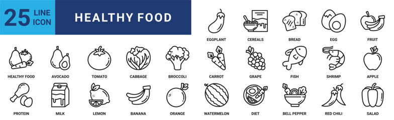 Healthy food icon set. Containing tomato, cabbage, broccoli, carrot, grape, fish, shrimp and more. Outline vector icons collection