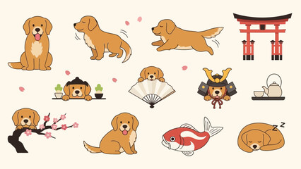 Cute cartoon golden retriever dogs in various poses and interacting with traditional Japanese cultural elements like a torii gate, cherry blossoms, and a samurai helmet.