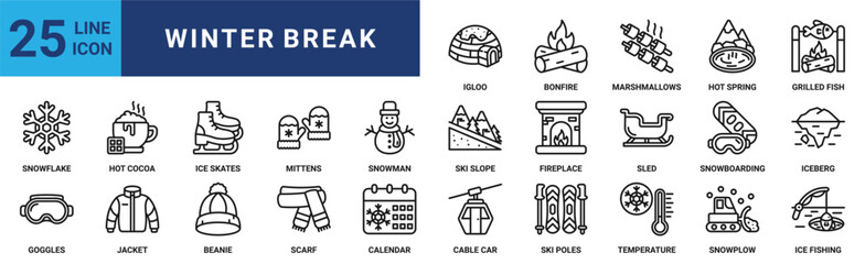 Winter break icon set. Containing hot cocoa, ice skates, mittens, snowman, ski slope, fireplace, snowboarding and more. Outline vector icons collection