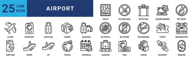 Airport icon set. Containing plane, passport, suitcase, goods, baggage, airplane, schedule and more. Outline vector icons collection 