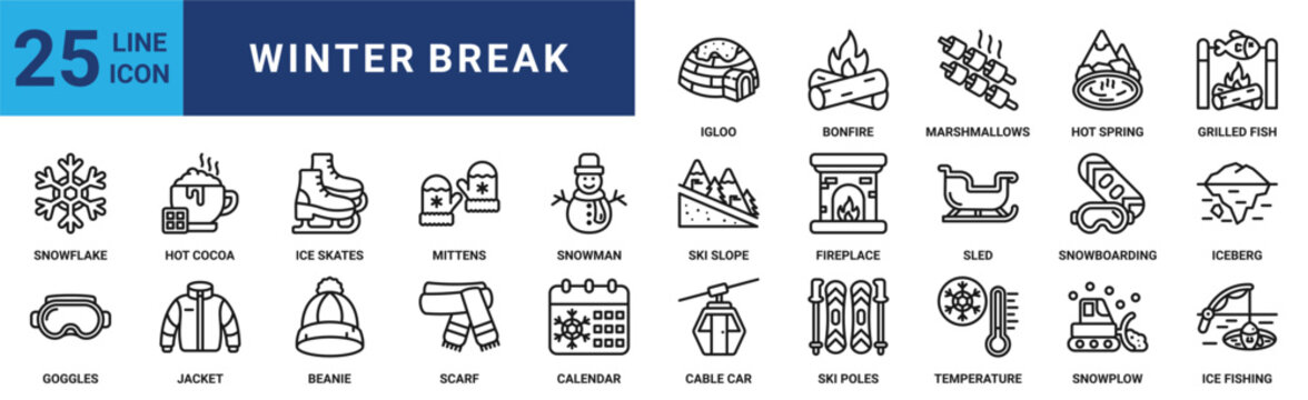 Winter break icon set. Containing hot cocoa, ice skates, mittens, snowman, ski slope, fireplace, snowboarding and more. Outline vector icons collection