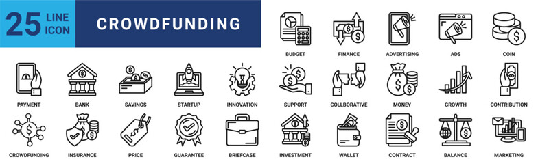 Crowdfunding icon set. Containing payment, bank, savings, startup, innovation, support, collaborative and more. Outline vector icons collection