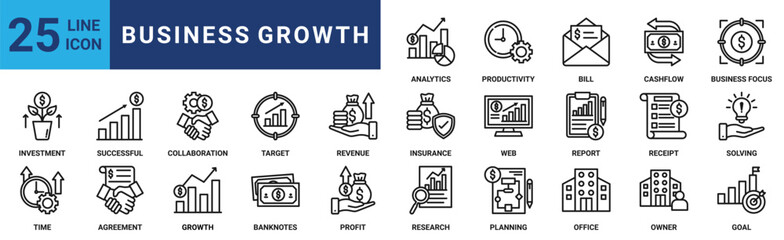 Business growth icon set. Containing investment, successful, target, collaboration, revenue, insurance, web and more. Outline vector icons collection
