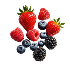 Floating Fresh Mixed Berries Isolated on Black Background, Generative AI