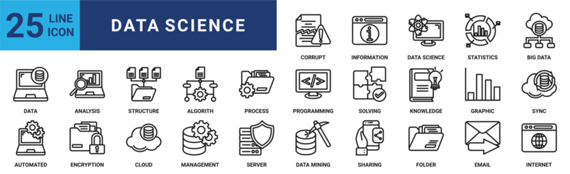Data science icon set. Containing analysis, structure, algorithm, process, programming, solving, knowledge and more. Outline vector icons collection