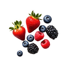 Floating Fresh Mixed Berries Isolated on Black Background, Generative AI