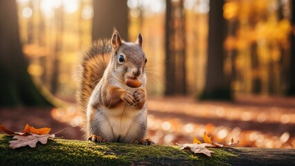 Cute squirrel holding acorn on mossy log in autumn forest