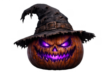 Halloween jack-o-lantern wearing witch hat with evil purple glowing face demon eyes and sharp teeth on transparent background