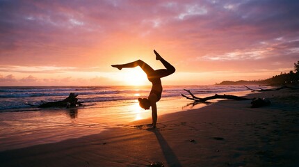 Silhouette of yoga practitioner doing handstand on sandy beach at colorful sunset, ocean waves and driftwood, mindfulness wellness fitness balance, travel nature