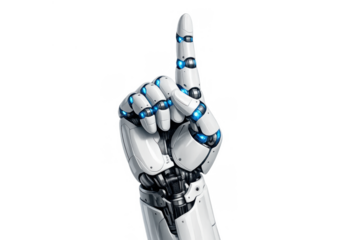 Robot hand pointing up, indicating direction, future technology, artificial intelligence, innovation, cybernetics, advancement