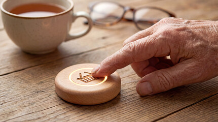 Close-up of Senior Hand Pressing Wooden Smart Button for Grocery Delivery - IoT Concept
