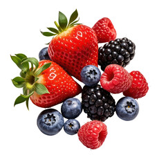 Floating Fresh Mixed Berries Isolated on Black Background, Generative AI