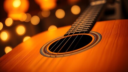 concet. Close-up of an acoustic guitar with warm wooden tones and a soft bokeh background of glowing orbs. tutorial guides, club newsletters, designed for sports & leisure club marketing.