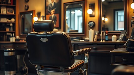 razor. Empty barber chair reflects in mirror with classic grooming tools under warm shop lighting. lifestyle magazines.