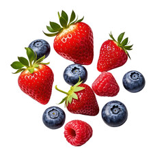 Floating Fresh Mixed Berries Isolated on Black Background, Generative AI