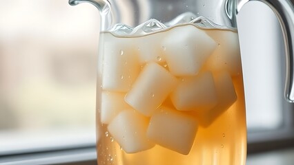 ouzo. A glass pitcher filled with iced ouzo and soda, condensation droplets on the cold surface. bar promotions, beverage menus, designed for product packaging and bar promotions.