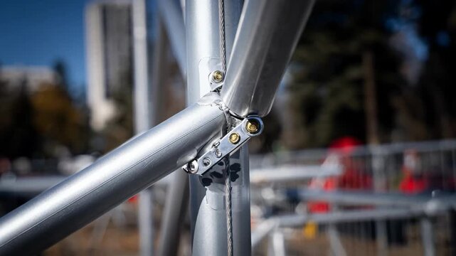 Mid shot of a sturdy metal flag stand being installed outdoors capturing robust control post updates for enhanced communication systems.