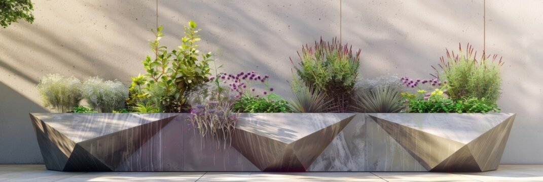 A trio of cubical planter boxes each boasting a different geometric silhouette.