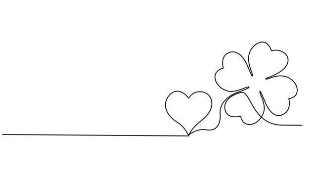 leaves clover with love shape animation continuous one line drawing, Motion design. Animated technology logo. Video 4K, one line art sketch heart. Symbol love. self drawing animation leaves clover.