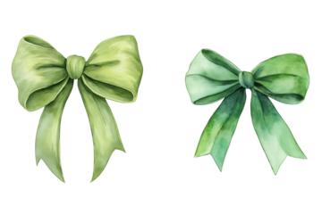 Watercolor Green Bow Isolated on White Background Hand Painted Decorative Illustration