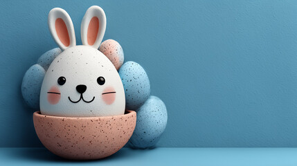 Cute White Easter Bunny Character in Eggshell on Blue Background