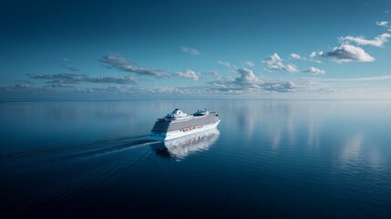 Naklejka premium Serene Cruise Ship Journey Across Tranquil Blue Ocean Waters Under Cloudy Sky with Calm Reflections and Clear Horizon for Dreamy Travel Experience