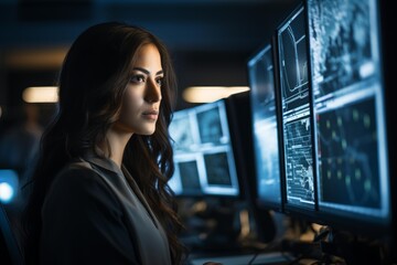 Woman monitoring complex data systems on computer screens in a dark office environment