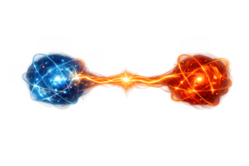 Quantum entanglement and atomic energy connecting opposing forces, representing a scientific fusion or collision