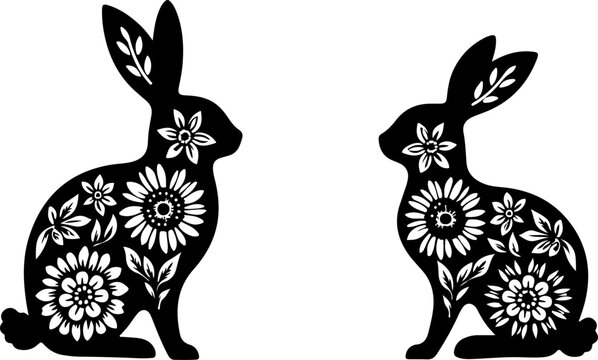 Floral Rabbit Silhouette Set with Folk Flower Pattern