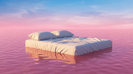 A white mattress with two furry pillows floats on a surface of pink water. The water has ripples and reflections. The sky displays a gradient of pink and blue.