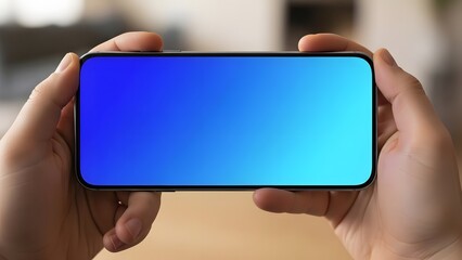 Hands holding smartphone with blue to cyan gradient screen