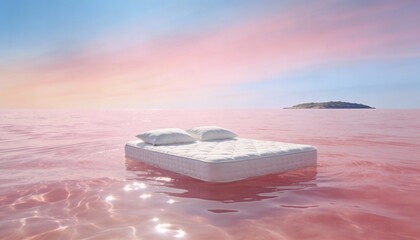 A white mattress with two furry pillows floats on a surface of pink water. The water has ripples and reflections. The sky displays a gradient of pink and blue.