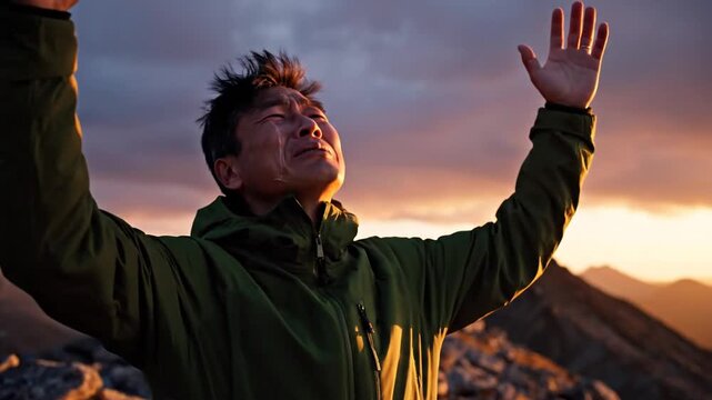 Devout adult male standing outdoors raising his open hands towards the divine sky in deep prayer seeking spiritual forgiveness and redemption during a dramatic sunset or dawn moment of worship.