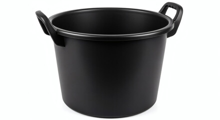 An isolated black bucket with handles, perfect for carrying items. The container is plastic and sits on a white surface