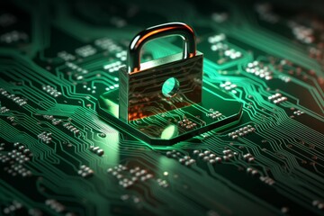 Padlock symbolizing digital security and data encryption on a glowing green electronic circuit board