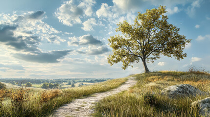 A winding dirt path leads up a grassy hill to a solitary tree standing against a backdrop of scattered clouds in a serene and picturesque landscape scene.